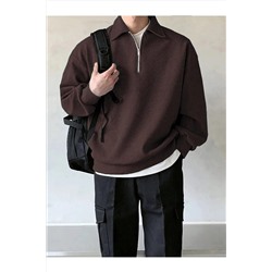 GENIUS STORESTORE Erkek Polo Yaka Oversize Sweatshirt Yarım Fermuar Sweatshirt