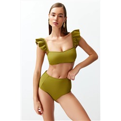 TRENDYOLMİLLA Yağ Yeşili Bralet Fırfırlı Dokulu Yüksek Bel Hipster Bikini Takımı TBESS22BT0049