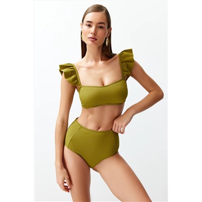 TRENDYOLMİLLA Yağ Yeşili Bralet Fırfırlı Dokulu Yüksek Bel Hipster Bikini Takımı TBESS22BT0049