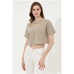 Kadın Haki Bisiklet Yaka Crop Tişört