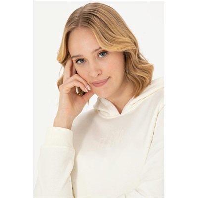 Kadın Ekru Kapüşonlu Basic Sweatshirt