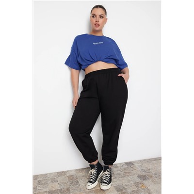 Siyah Loose Jogger İnce Paçası Lastikli Esnek Bel Örme Büyük Beden Eşofman Altı TBBAW23AJ00002