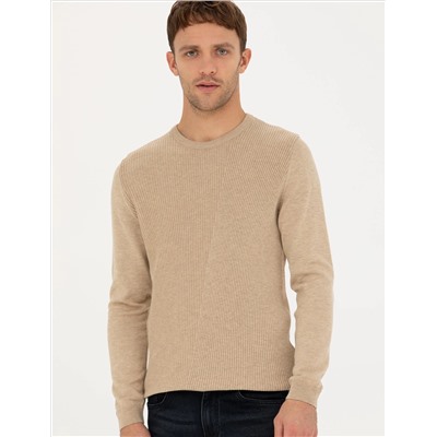 Bej Slim Fit Bisiklet Yaka Triko Kazak