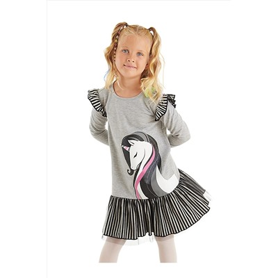 DenokidsZarif Unicorn Gri Kız Çocuk Elbise