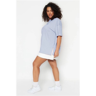 Mavi Geniş Kalıp Baskılı Bisiklet Yaka %100 Pamuk Örme T-shirt TBBSS23BF00015