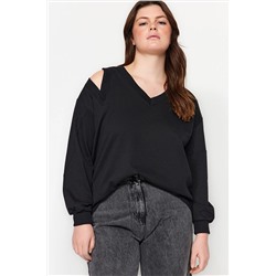 Trendyol Curve Siyah V Yaka İnce Örme Sweatshirt TBBAW24AO00039