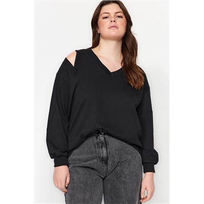 Trendyol Curve Siyah V Yaka İnce Örme Sweatshirt TBBAW24AO00039