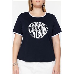 Lacivert Slogan Baskılı Crop Boy %100 Pamuk Örme Büyük Beden T-shirt TBBSS23BF00011