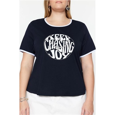 Lacivert Slogan Baskılı Crop Boy %100 Pamuk Örme Büyük Beden T-shirt TBBSS23BF00011