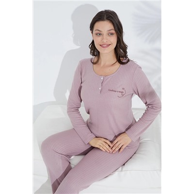 Siyah İnci pudra nakışlı Düğmeli Örme Pijama Takım 22278770