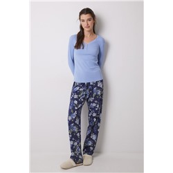 Pijama largo 100% algodón canalé azul flores