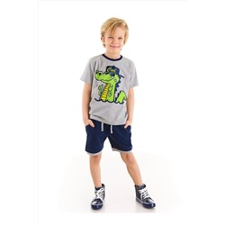 Denokids Kanka Timsah Erkek Çocuk Gri T-shirt Lacivert Şort Takım CFF-22Y2-035