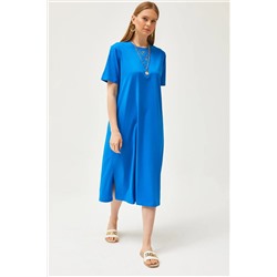 Olalook, Kadın Saks Mavi Yanı Yırtmaçlı Oversize Pamuk Elbise ELB-19001880