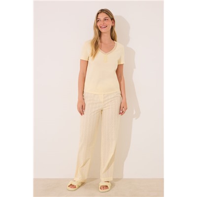 Pijama largo manga corta algodón amarillo rayas