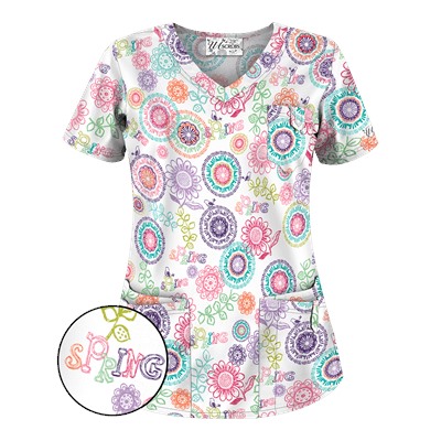 UA Spring Out White Print Scrub Top