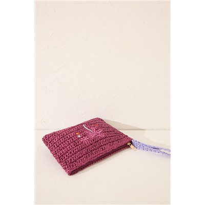 Neceser pequeño rafia estampado morado