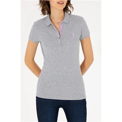 Kadın Gri Melanj Basic Polo Yaka Tişört