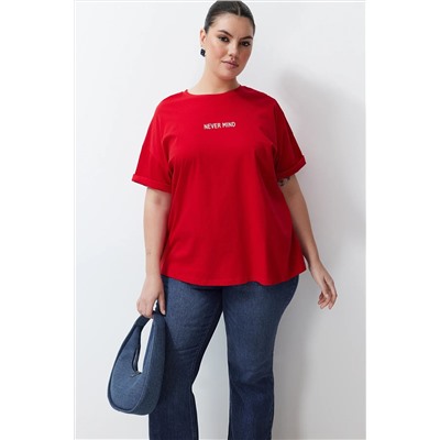 Kırmızı Slogan Baskılı Oversize %100 Pamuk Örme Büyük Beden T-shirt TBBSS24BF00018