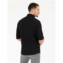 Siyah Slim Fit Keten Görünümlü Gömlek