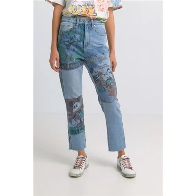 Pantalón vaquero straight cropped Mickey Mouse