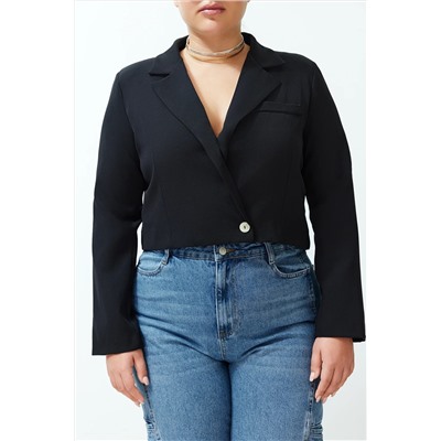 Siyah Crop Astarlı Büyük Beden Blazer Dokuma Ceket TBBSS24AG00003