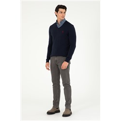Erkek Slim Fit V Yaka Lacivert Basic Kazak