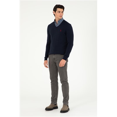 Erkek Slim Fit V Yaka Lacivert Basic Kazak