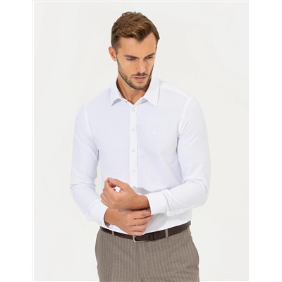 Beyaz Slim Fit Armürlü Klasik Gömlek
