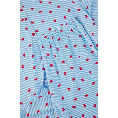More Sustainable Mavi Çizgi&Kalp Desenli Gömlek Yaka Dokuma Pijama Takımı TBBAW26AI00029