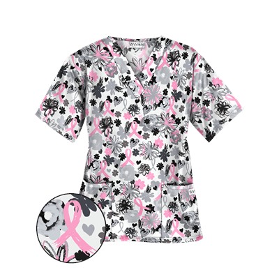 UA Painted Pink Ribbons White Print Scrub Top