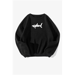 RokebyUnisex Shark Baskılı Oversize Siyah Sweatshirt