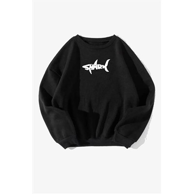 RokebyUnisex Shark Baskılı Oversize Siyah Sweatshirt
