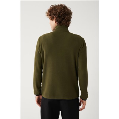 Haki Dik Yaka Soğuğa Dayanıklı Yarım Fermuarlı Regular Fit Standart Kesim Polar Sweatshirt