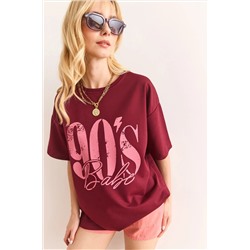 Olalook, Kadın Bordo 90'S Baskılı 2 İp Relaxed Fit Tişört TSH-19000901