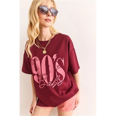 Olalook, Kadın Bordo 90'S Baskılı 2 İp Relaxed Fit Tişört TSH-19000901