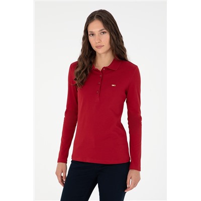 Kadın Kırmızı Basic Polo Yaka Sweatshirt