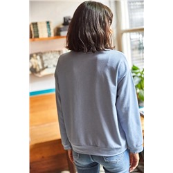 Olalook Kadın Düz İndigo Basic Yumuşak Dokulu Salaş Sweatshirt SWT-19000457