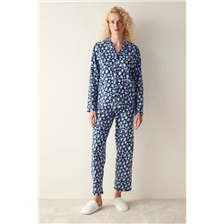 Penti Leopar Baskılı Uzun Kollu Lacivert Gömlek Pijama Set PNW09IPH23SK-NV44