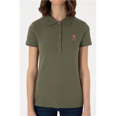 Kadın Koyu Haki Basic Polo Yaka Tişört