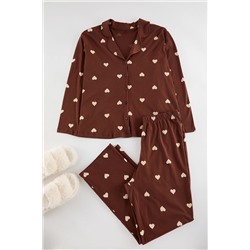 Trendyol Curve Kahverengi Kalpli Gömlek Yaka Örme Pijama Takımı TBBAW23AI00019