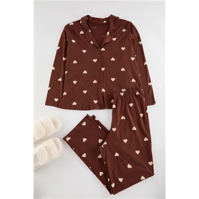 Trendyol Curve Kahverengi Kalpli Gömlek Yaka Örme Pijama Takımı TBBAW23AI00019