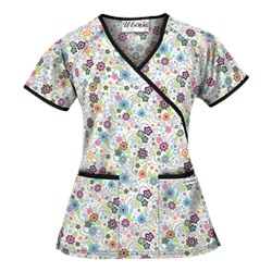 UA Floral Extravaganza Black Mock Wrap Scrub Top