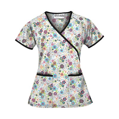 UA Floral Extravaganza Black Mock Wrap Scrub Top