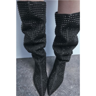 RHINESTONE DENIM HIGH-HEEL BOOTS