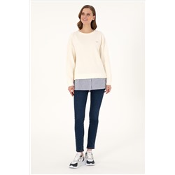 Kadın Krem Gömlek Detaylı Bisiklet Yaka Sweatshirt