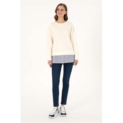 Kadın Krem Gömlek Detaylı Bisiklet Yaka Sweatshirt