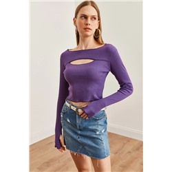 Olalook Kadın Mor Roba Cut Out Parmak Detaylı Esnek Crop Bluz BLZ-19002708