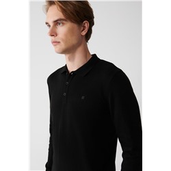 Siyah 3 Düğmeli Polo Yaka Regular Fit Standart Kesim Triko Kazak
