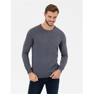 Gri Melanj Slim Fit Bisiklet Yaka Basic Triko Kazak