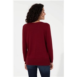 Kadın Bordo V - Yaka Basic Kazak